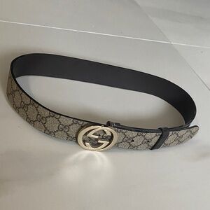 Gucci Black and Beige Women's Belt with Gold Buckle